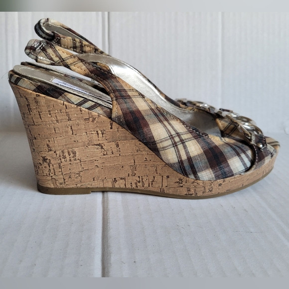 American Eagle Women's Slingback Wedge Cork Plaid Shoe's Size 7 - Picture 4 of 10
